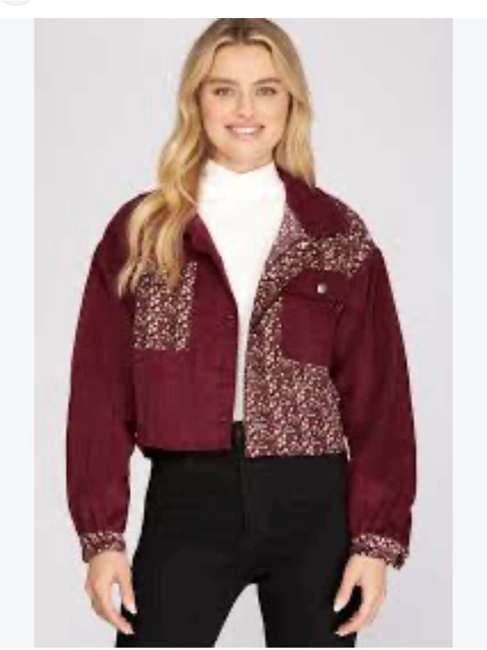 She + Sky Maroon Mixed-Panel Cropped Bomber Jacket coat size small